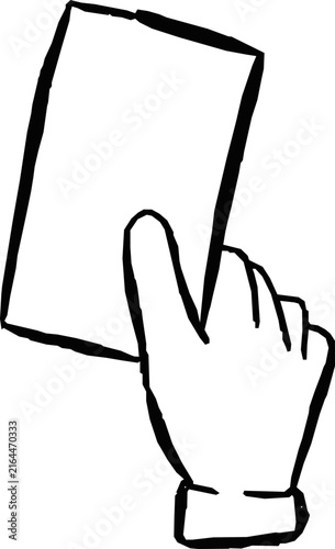 Referee hand signal hand drawn line art showing a raised hand holding a rectangular card, suitable for football rules, referee graphics, worksheets, and sports posters.