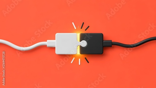 Naklejka Technology Integration And Business Synergy Concept With Connecting Puzzle Piece Cables On Orange Background
