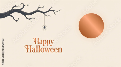 Happy Halloween Minimalist Banner with Tree Branch Spider and Moon