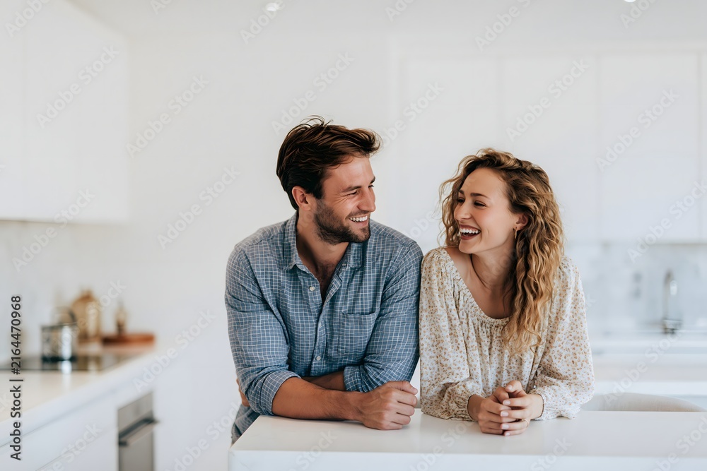 Fototapeta premium Smiling husband and wife celebrating family mortgage loan approval or real estate property purchase contract
