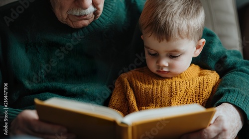 An elderly person teaching a young child to read in a comfortable armchair, warm diffused light, open book, gentle guidance,