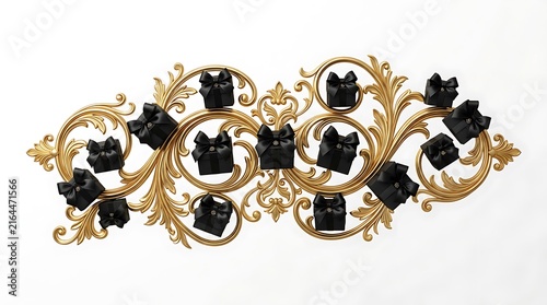 Gold decorative scroll frame with small black gift boxes for luxury holiday celebration
