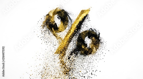 Percentage symbol made of gold dust and black powder on white background