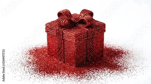 Red glitter gift box shape on white background for holiday celebration and festive design