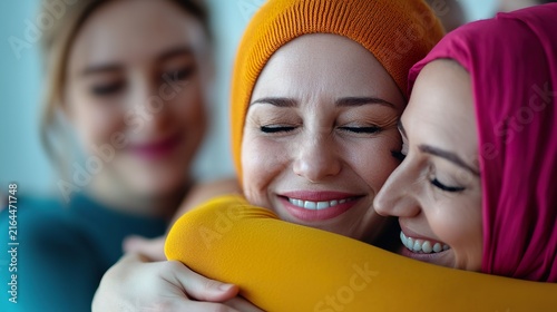 A group of diverse individuals embracing in a warm, supportive hug, genuine smiles and expressions of comfort, soft ambient lighting