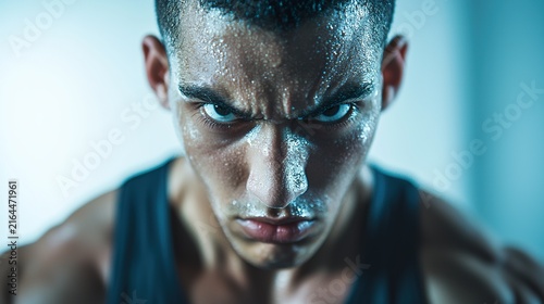 A young man with a look of intense determination and focus, sweat on his brow, during a challenging workout,  