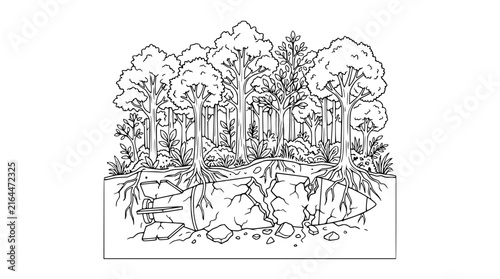 Nature reclaiming the earth with forest growing over broken bomb line art illustration