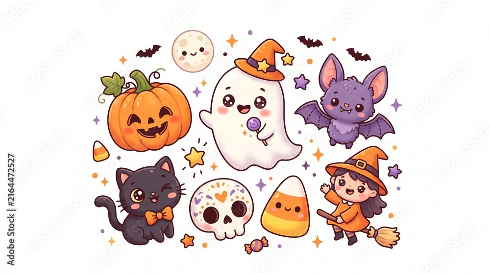 Obraz premium Cute kawaii Halloween cartoon characters and festive elements illustration isolated on white background