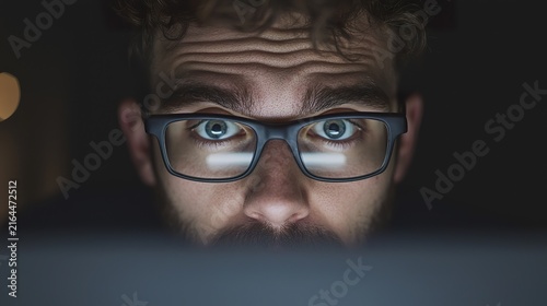A person with a look of deep concentration, furrowed brow, solving a complex problem, focused on a screen or document