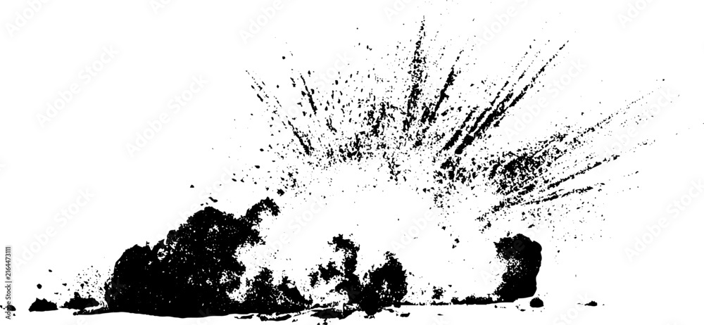 Obraz premium Black and white grunge stencil blast with rising smoke cloud and radial splatter for background poster banner and bold graphic design use