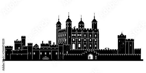 Foto Black silhouette of the tower of london fortress with turrets on a white backgro