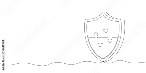 Shield made of puzzle pieces of one continuous line drawn. Security shield and  jigsaw puzzle elements drawn in one line. Safety and protection concept. Vector.