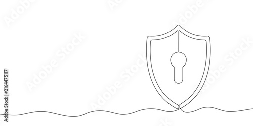 Shield with keyhole of one continuous line drawn. Security shield with keyhole drawn in one line. Safety and protection concept. Vector.