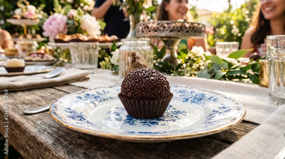 Fototapeta premium Close up of a chocolate brigadeiro on a decorative plate at an outdoor garden party with blurred people in the background