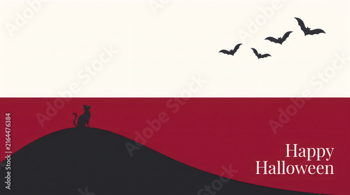 Minimal Happy Halloween Black Cat and Bats Vector Background