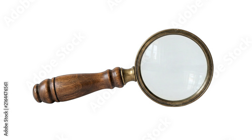 Photography Classic vintage magnifying glass with wooden handle isolated on transparent background for investigation and research