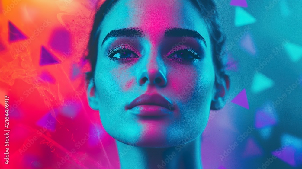 Fototapeta premium A female model with ethereal, glowing skin, surrounded by floating geometric shapes