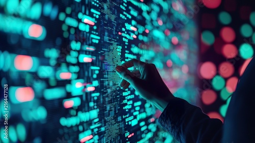 A person with a futuristic holographic device, interacting with glowing data visualizations, dark environment,