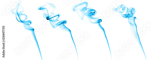 Fotografía Abstract blue smoke wisps curl and drift across a clean white background, creating an elegant flowing effect for modern designs, digital artwork, advertising, overlays, and creative compositions
