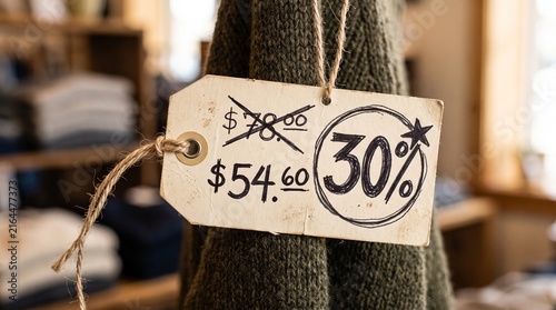 Cuadro en lienzo Clothing store sale tag showing 30 percent discount on a green sweater