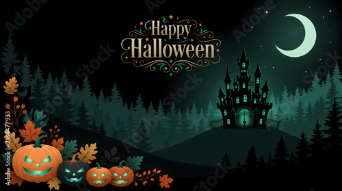 Happy Halloween Spooky Castle Forest Vector Background