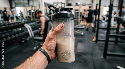 Fotografía Man holding protein shake bottle in gym with blurred background of people workin
