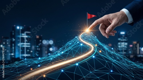 Strategic roadmap leading to a business goal with red flag for milestone planning, execution and success