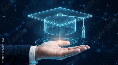 Digital education technology with holographic graduation cap for online learning, training and future skills development
