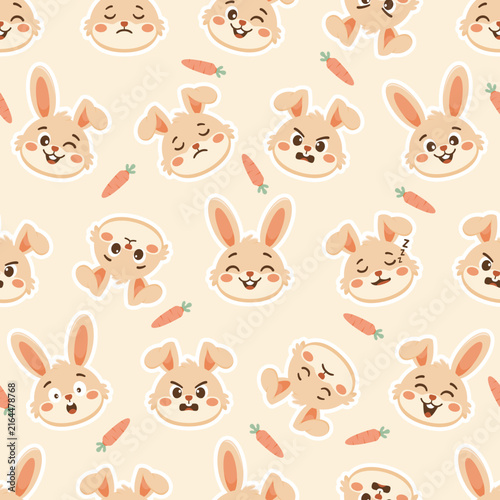 Cute bunny faces and carrots seamless pattern vector background
