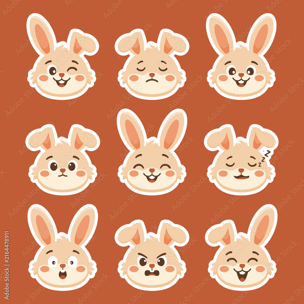 Fototapeta premium Set of cute cartoon bunny face stickers with various expressions