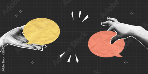 Halftone hands holding two speech bubbles. Collage banner with hands and empty speech bubbles made of crumpled paper texture. Concept of social media communication. Collage design. Vector