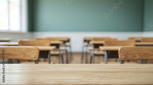 Blurred classroom background, empty desks