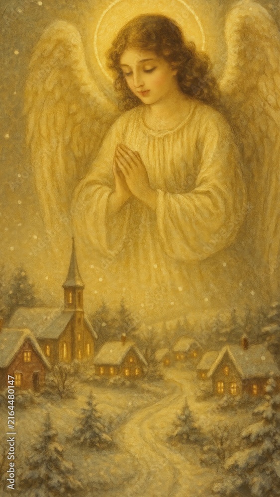 Fototapeta premium Serene angel over snowy village mobile wallpaper