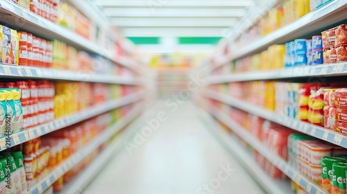 Blurred supermarket aisle background, colorful products