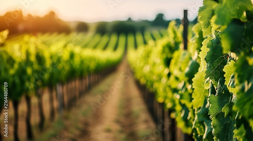 Blurred vineyard background, rows of grapes