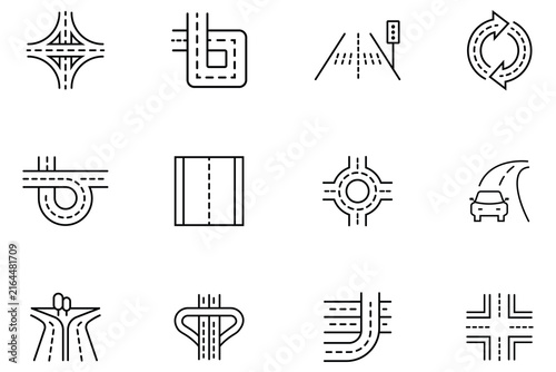 Set of road and highway icons. curved and straight street elements collection. Containing route, direction, street sign and more. Route navigation path vector icons. Vector illustration.