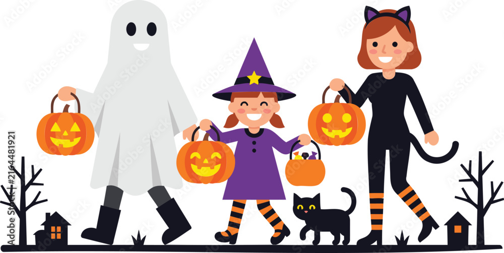 Fototapeta premium Three children in halloween costumes including a ghost, a witch, and a black cat, carrying jackolantern candy buckets while trickortreating in a festive holiday scene