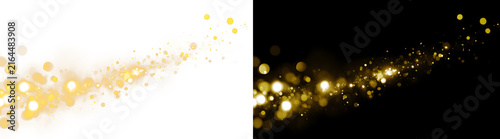 Diagonal Golden Bokeh Stream With Sparkling Dust, Glowing Light Orbs and Bright Flares on Transparent Background