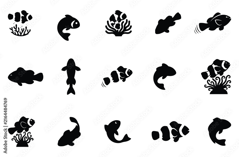 Obraz premium Clownfish anemone vector silhouette collection isolated on white background