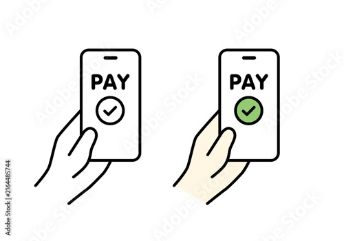 スマホ画面にPAYと完了アイコンを表示した手持ちスマートフォンのイラスト　モノクロ・カラーのセット