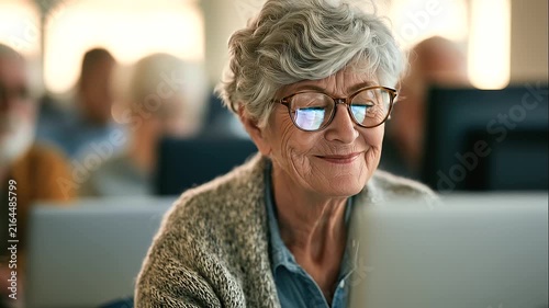 A group of elderly individuals focused on computer training, learning valuable digital skills while using laptops and desktop computers, close-up view of senior students actively working with technolo