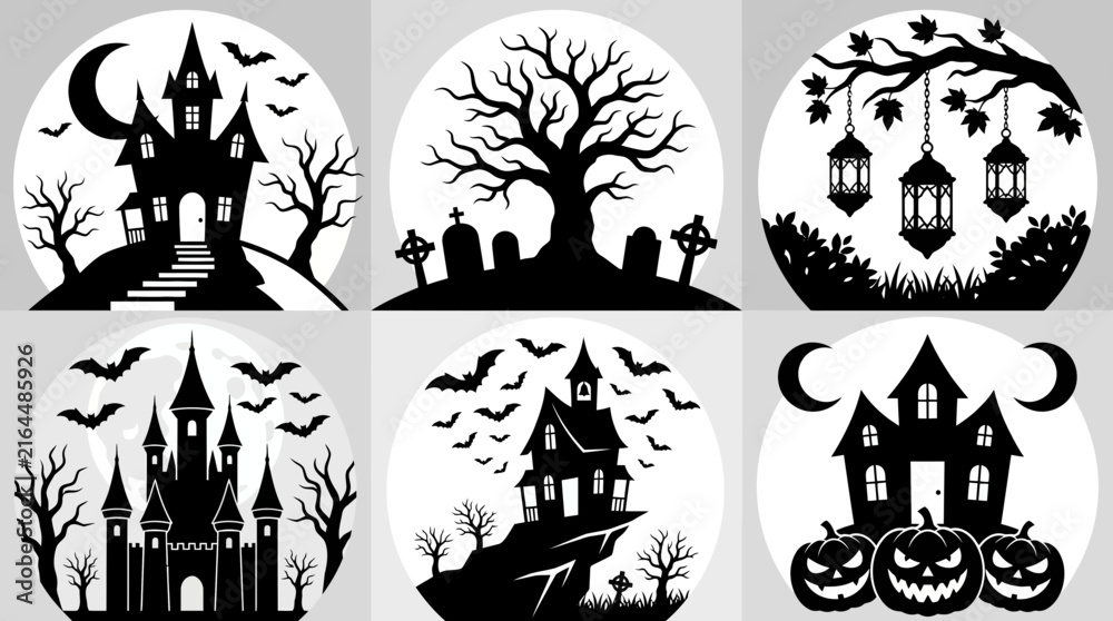 Fototapeta premium Halloween Silhouette Icons Set - Haunted Houses, Cemeteries, and Jack-o'-Lanterns