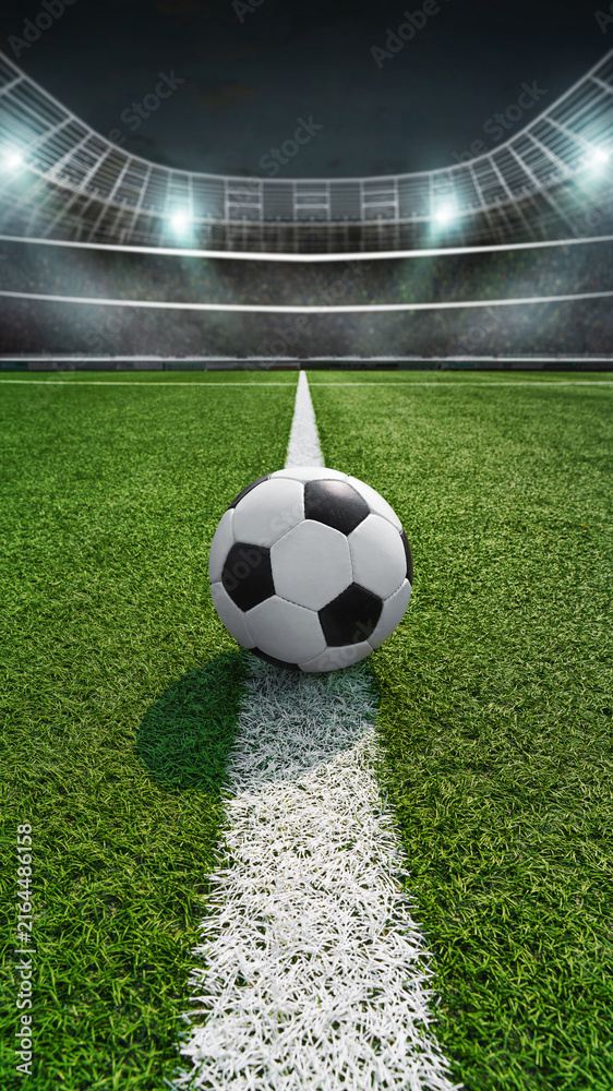 Fototapeta premium Soccer ball on the green field in soccer stadium. Ready for game in the midfield. Vertical poster with copy space.