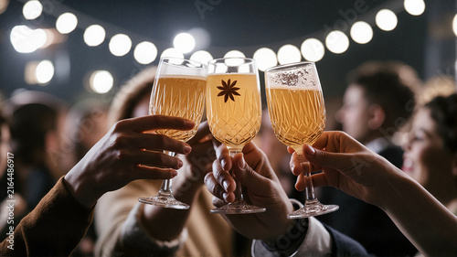 Clinking glasses of beer at a festive party with string lights  