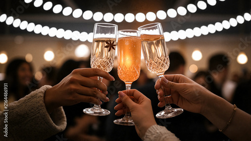 Friends toasting with champagne glasses at a festive celebration  