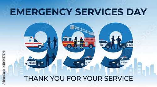 Emergency Services Day 999 tribute ambulance fire truck police gratitude dedication resilience unity compassion heroism strength protection humanity awareness perseverance   generative ai