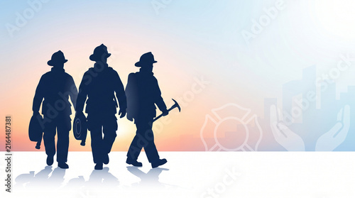 Firefighters silhouetted at sunrise teamwork bravery dedication public safety resilience unity compassion heroism strength protection humanity awareness perseverance hope   generative ai