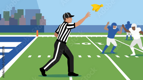 American football referee throws yellow penalty flag on field