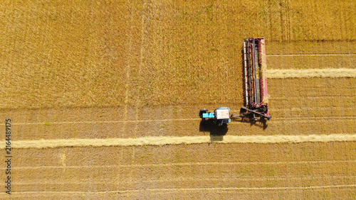 Fotografie Aerial Top-Down View of Tractor with Swather Cutting Golden Crop Field