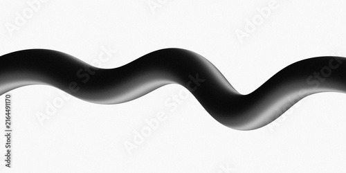Minimalist abstract black curved wavy tube shape isolated on a white background with grainy texture. Hand crafted digital abstract background.